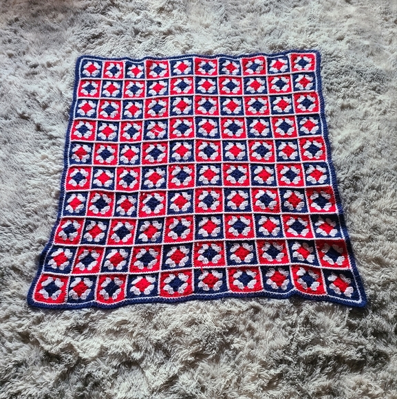 Handmade Crochet Blanket in Red, White, and Blue Aprox Size 41inches x 41inches - Picture 5 of 10